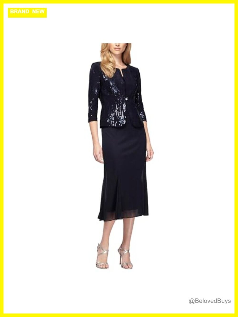 Two-Piece Jacket Dress Set Tea Length Lace Bodice Sequin Formal Wedding